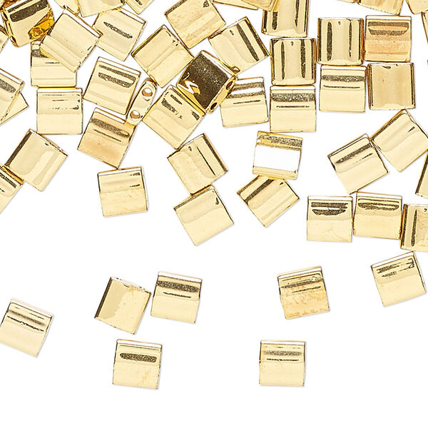 Seed bead, TILA®, glass, pkg/250g, 5mm full tila square, opaque 24Kt gold-plated, (TL-191). image number 0