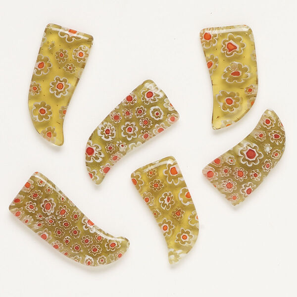 Component, millefiori glass, translucent tan / red / white, 24x12mm-32x15mm undrilled talon. Sold per pkg of 6. image number 0