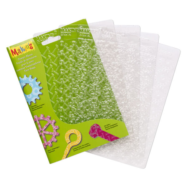 Texture plate, Makin's®, plastic, clear, 6-1/4 x 4-1/2 inch textured rectangle with assorted steampunk patterns. Sold per 4-piece set. image number 0
