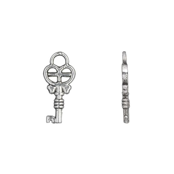 Charm, antique silver-plated "pewter" (zinc-based alloy), 15x9mm double-sided key. Sold per pkg of 50. image number 0
