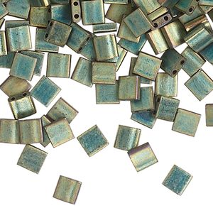 Bead, Miyuki, TILA®, glass, opaque matte metallic iris green patina, (TL2008), 5mm square with (2) 0.8mm holes, fits up to 3mm beads. Sold per 250-gram pkg.