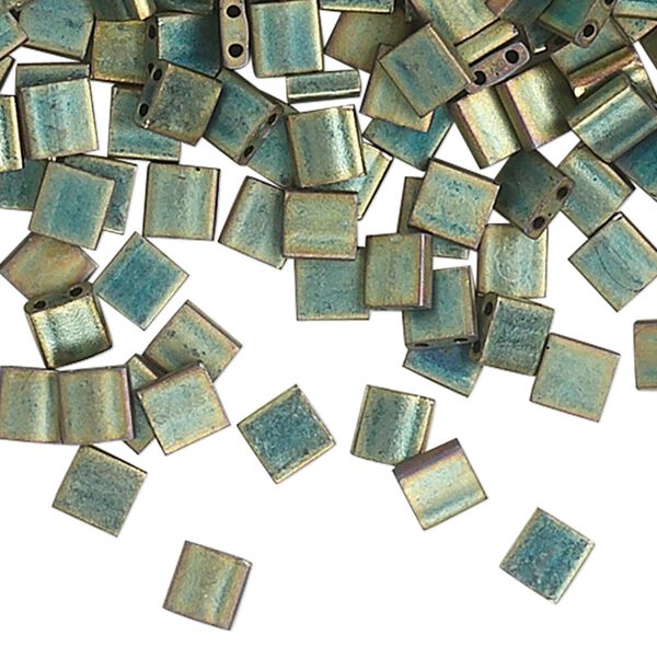 Bead, Miyuki, TILA®, glass, opaque matte metallic iris green patina, (TL2008), 5mm square with (2) 0.8mm holes, fits up to 3mm beads. Sold per 250-gram pkg. image number 0