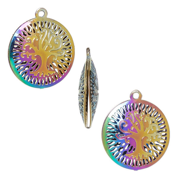 Drop, electro-coated stainless steel, rainbow, 18mm double-sided domed round with textured cut-out tree of life design. Sold per pkg of 6. image number 0