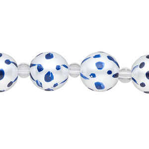 Bead, glass 1pkg8, opaque dark blue and white, 12mm hand-painted round.