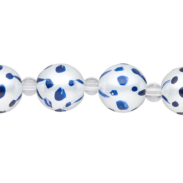 Bead, glass 1pkg8, opaque dark blue and white, 12mm hand-painted round. image number 0