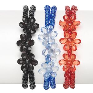 Bracelet, stretch, acrylic / glass / imitation rhodium-plated steel, red / blue / black, 15x15mm flower, 7 inches with 2-inch extender chain and lobster claw clasp. Sold per pkg of 3.