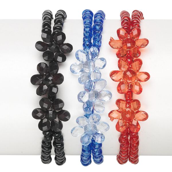 Bracelet, stretch, acrylic / glass / imitation rhodium-plated steel, red / blue / black, 15x15mm flower, 7 inches with 2-inch extender chain and lobster claw clasp. Sold per pkg of 3. image number 0
