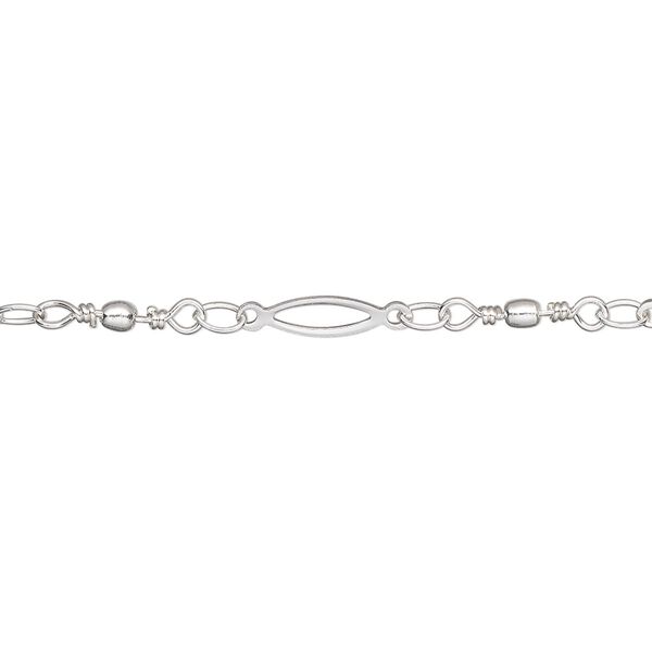 Chain, silver-plated brass, 11x2mm open oval and handmade wire-wrapped links with 2mm ball. Sold per pkg of 5 feet. image number 0