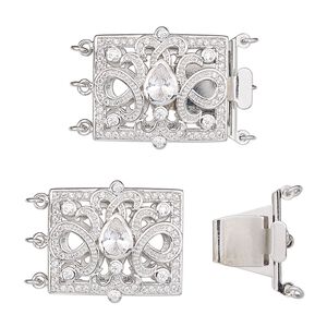 Clasp tab 1pkg1 rhodium-plated, 25.5x23mm rectangle / 3.5mm jump ring, brass / clear cubic zirconia 3-strand