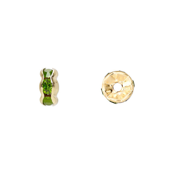 Bead, glass rhinestone and gold-finished brass, peridot green, 8x4mm rondelle. Sold per pkg of 10. image number 0