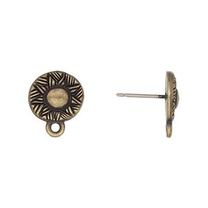 Earstud 1pkg10 TierraCast® antique brass-plated pewter (tin-based alloy) / titanium, 12mm woven round / closed loop / rhythm theme, 5 pair