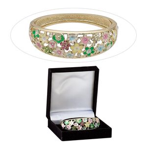 Bracelet, bangle, enamel / Czech glass rhinestone / gold-finished "pewter" (zinc-based alloy), multicolored, 22mm wide with flowers, 7 inches with hinged tab clasp. Sold individually.