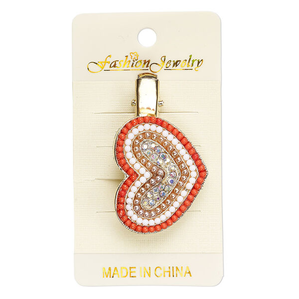 Hair clip, acrylic / glass rhinestone / gold-finished steel / "pewter" (zinc-based alloy), multicolored, 47x29mm with 36x29mm heart. Sold individually. image number 0