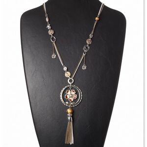 Necklace, mother-of-pearl shell (natural) / enamel / glass rhinestone / brass / antique brass-plated steel / antique silver-plated brass and "pewter" (zinc-based alloy), gold / brown / white, 5-inch dangle with circle and flower, 28 inches with lobster claw clasp. Sold individually.