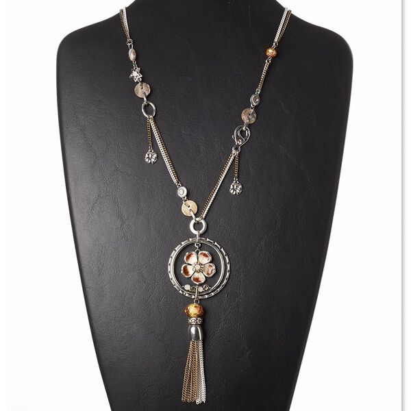 Necklace, mother-of-pearl shell (natural) / enamel / glass rhinestone / brass / antique brass-plated steel / antique silver-plated brass and "pewter" (zinc-based alloy), gold / brown / white, 5-inch dangle with circle and flower, 28 inches with lobster claw clasp. Sold individually. image number 0