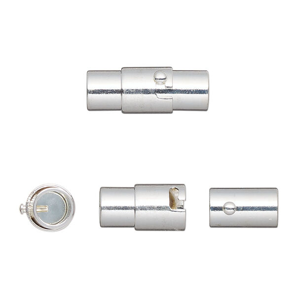 Clasp, magnetic, silver-finished brass, 18x7mm locking round tube with glue-in ends. Sold per pkg of 2. image number 0