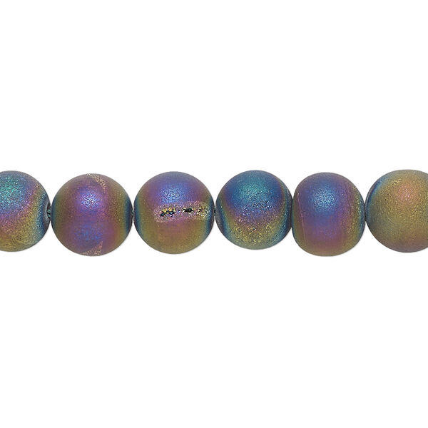 Bead, electroplated druzy agate (coated), matte rainbow, 8mm round, B- grade, Mohs hardness 6-1/2 to 7. Sold per 8-inch strand, approximately 25 beads. image number 0
