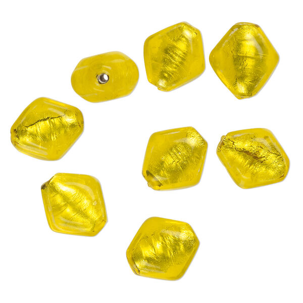 Bead, lampworked glass, opaque yellow, 16x15mm-14x12mm puffed kite with silver-colored foil. Sold per pkg of 8. image number 0