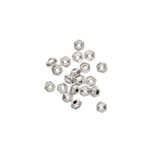Bead, TierraCast®, antique silver-plated pewter (tin-based alloy), 3x2mm faceted hexagon rondelle with beaded center. Sold per pkg of 50. image number 0