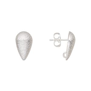 Earstud 1pkg10 silver-plated, 14x8.5mm half-dome stardust teardrop / hidden open loop / earnuts, brass 5 pair