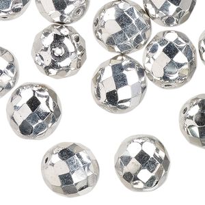 Czech fire-polished glass 1pkg30, faceted round bead opaque metallic silver 12mm