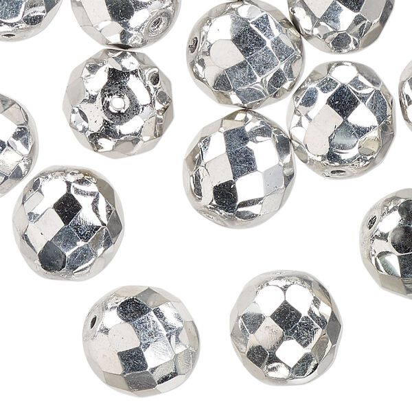 Czech fire-polished glass 1pkg30, faceted round bead opaque metallic silver 12mm image number 0