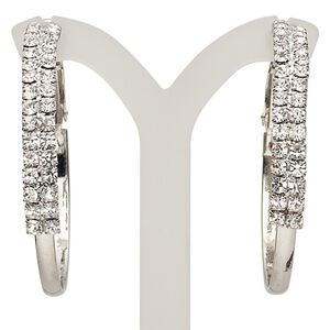 Earring, glass rhinestone with imitation rhodium-plated brass and steel, clear, 42x5mm round hoop with leverback ear wire. Sold per pair.