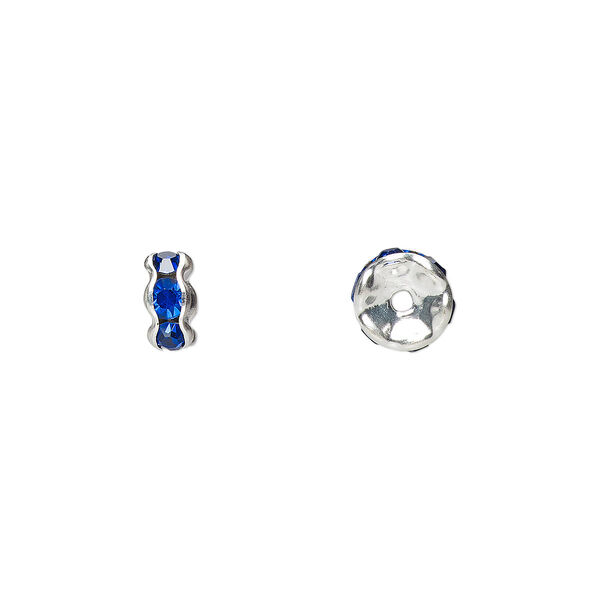 Bead, glass rhinestone and silver-plated brass, sapphire blue, 6x3mm rondelle. Sold per pkg of 10. image number 0