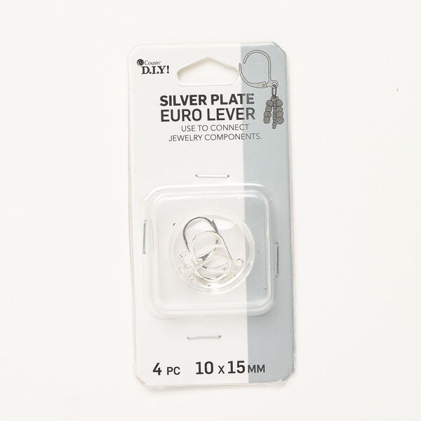 Ear wire, silver-finished steel, 15mm leverback with closed loop. Sold per pkg of 2 pairs. image number 0