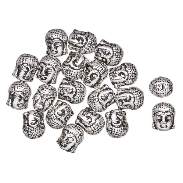 Bead, antique silver-finished "pewter" (zinc-based alloy), 11x9mm Buddha head. Sold per pkg of 20. image number 0