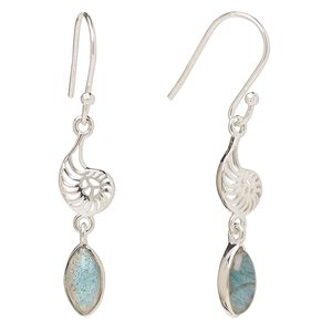 Earring, Create Compliments®, antiqued sterling silver and labradorite (natural), fishhook, 42.5mm with 26.5mm single-sided left- and right-facing nautilus, 21 gauge. Sold per pair.