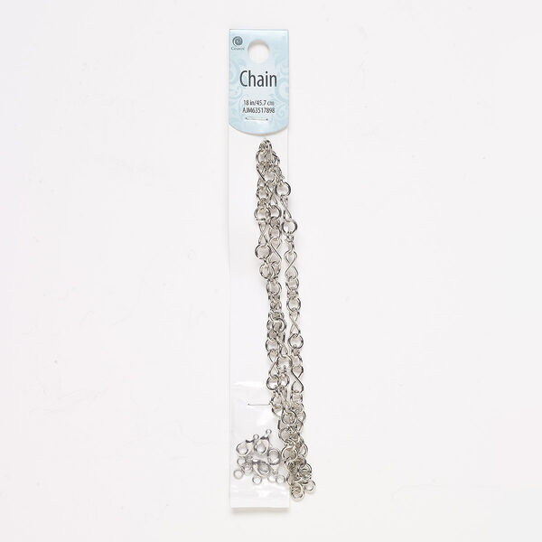 Chain, silver-finished steel, 6mm figure 8, 18 inches with (8) 21-gauge 4.5mm jump rings and (4) 8.5x6mm lobster claw clasps. Sold individually. image number 0