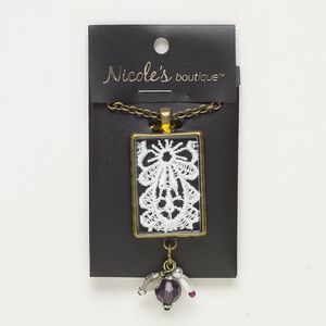 Necklace, glass / fabric / acrylic /  antique brass-finished "pewter" (zinc-based alloy) / steel, multicolored, 68x27mm rectangle, 24 inches with lobster claw clasp. Sold individually.