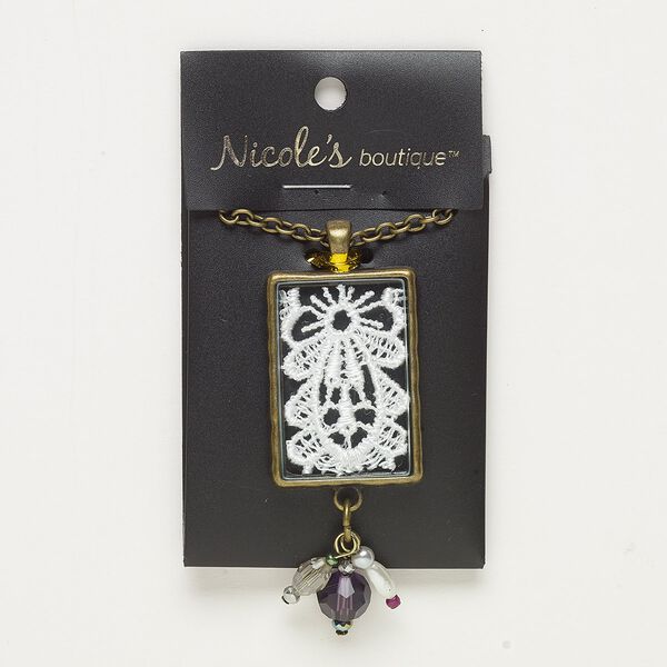 Necklace, glass / fabric / acrylic /  antique brass-finished "pewter" (zinc-based alloy) / steel, multicolored, 68x27mm rectangle, 24 inches with lobster claw clasp. Sold individually. image number 0