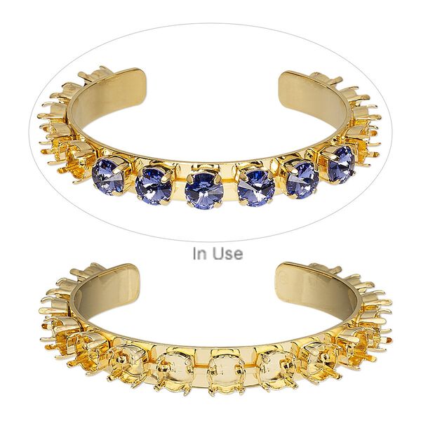 Bracelet, cuff, gold-plated brass, 9mm wide cupchain with (15) SS39 settings, adjustable from 6-1/2 to 7-1/2 inches. Sold individually. image number 0