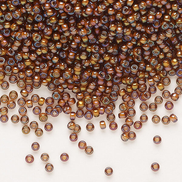 Seed bead, Miyuki, glass, pkg/25g, #11 rocaille, translucent white-lined luster dark topaz, (RR-3761). image number 0