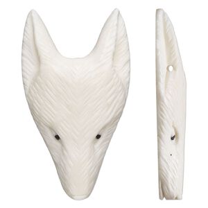 Focal, bone (bleached), 45 x 26mm hand-carved side-drilled single-sided wolf, Mohs hardness 2-1/2. Sold individually.