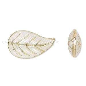 Bead, cloisonné, enamel and gold-finished copper, white, 27x16mm double-sided leaf. Sold per pkg of 4.