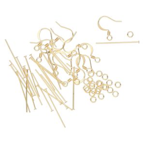 Earring finding assortment 1pkg60 gold-plated, 16mm fishhook ear wire / 1.125 inch head pin / 4mm jump ring, 22 gauge brass