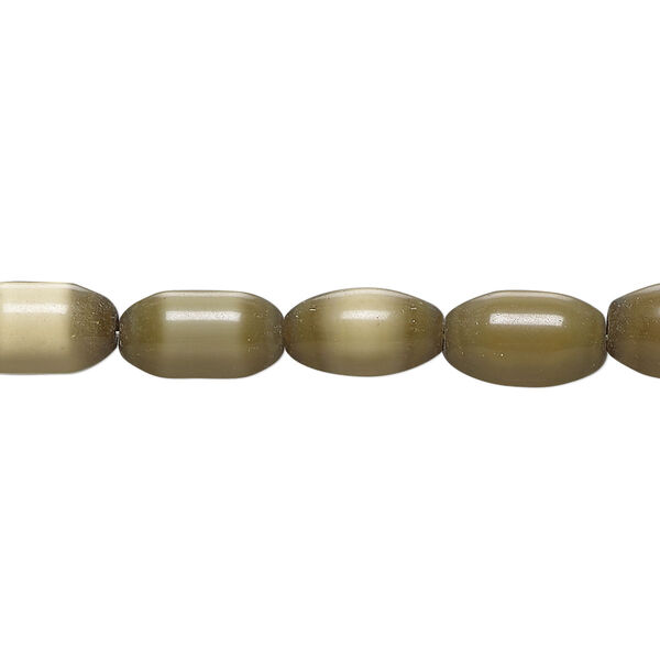 Bead, cat's eye glass (fiber optic glass), olive green, 10x6mm-11x8mm capsule. Sold per 14-inch strand, approximately 35 beads. image number 0