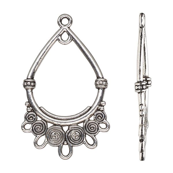 Focal, antique silver-finished "pewter" (zinc-based alloy), 31x22mm double-sided open teardrop with spirals and 6 closed loops. Sold per pkg of 10. image number 0