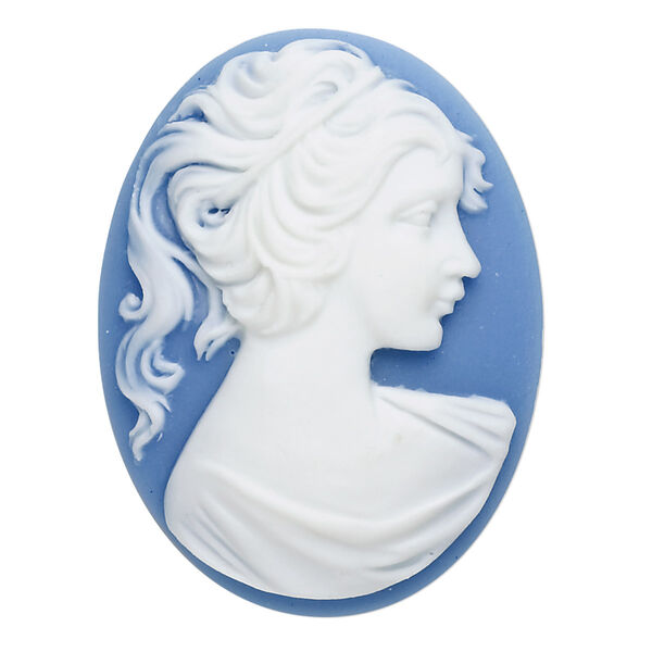 Cabochon, acrylic, white and blue, 40x30mm non-calibrated oval cameo with woman. Sold individually. image number 0
