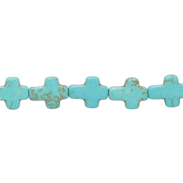 Bead, "howlite" (resin) (imitation), aqua blue, 10x8mm-11x9mm cross. Sold per 15-inch strand. image number 0