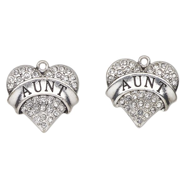 Charm, antique silver-finished enamel "pewter" (zinc-based alloy) and glass, clear and black, 24x23mm heart with "Aunt". Sold per pkg of 2. image number 0