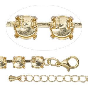 Necklace component, gold-finished brass and steel, 6mm wide cupchain with (53) SS29 settings, 20 inches with 3-inch extender chain and lobster claw clasp. Sold individually.