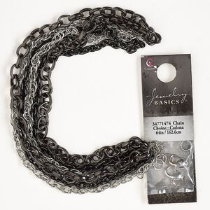 Chain and finding assortment, silver- and black-finished "pewter" (zinc-based alloy) and steel, 2-6mm mixed shapes. Sold per pkg of 12.