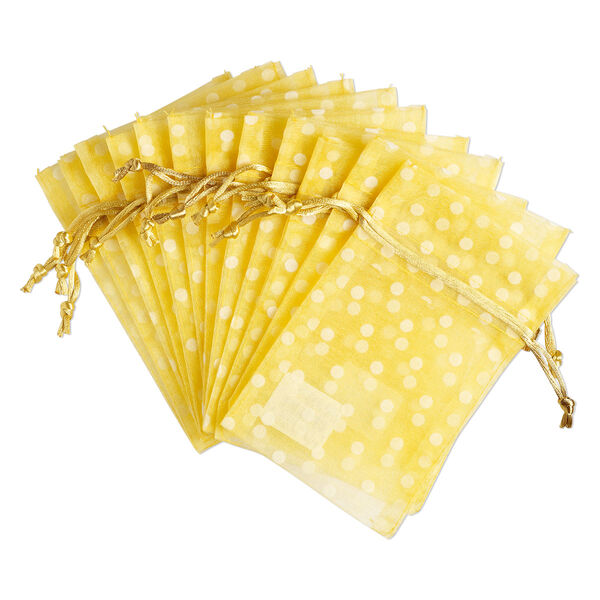 Pouch, flocked organza, yellow and white, 6x4 inches with dots pattern and drawstring closure. Sold per pkg of 12. image number 0