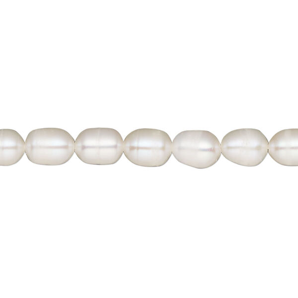 Pearl, cultured freshwater (bleached), white, 6mm rice, D grade, Mohs hardness 2-1/2 to 4. Sold per 14-inch strand. image number 0
