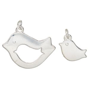 Charm, silver-finished "pewter" (zinc-based alloy) and steel, 27x20mm bird with cutout design and 15x10mm single-sided bird. Sold per pkg of (2) 2-piece sets.