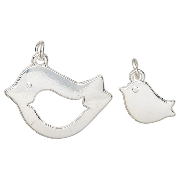 Charm, silver-finished "pewter" (zinc-based alloy) and steel, 27x20mm bird with cutout design and 15x10mm single-sided bird. Sold per pkg of (2) 2-piece sets. image number 0